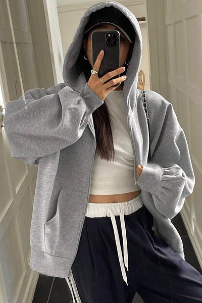 Trendseninle Сива дамска жилетка с качулка и цип