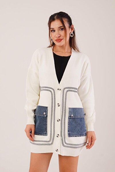 Hipo Trend Oversize kroj Model farmerki Sa džepovima Ecru pleteni kardigan