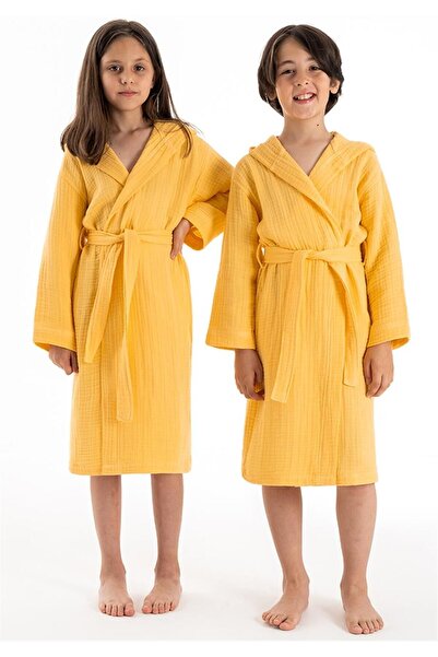 Denizli Concept Yellow Muslin Children's Bathrobe - Hooded, Soft and Breathable