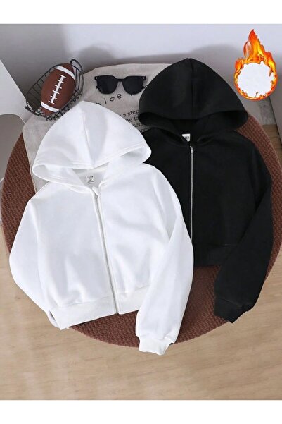 LOUİSA Women's Black-White 2 Piece Hooded Zipper Crop Cardigan 2 Thread Raster