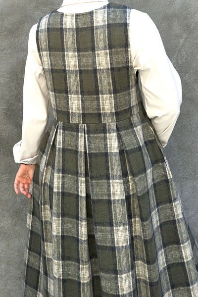 hrmonny Vintage Women's Modest Winter V-Neck Women's Rerto Wool Plaid Long Gilet Dress