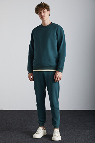 GRIMELANGE Adens Erkek Regular Organik Pamuklu Premium Kumaş Içi Şardonlu Lastikli Paça Yeşil Eşofman Altı