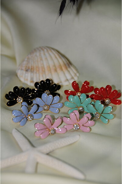 İPAR AKSESUAR Mineli Half Daisy Metal Gold Red Earring