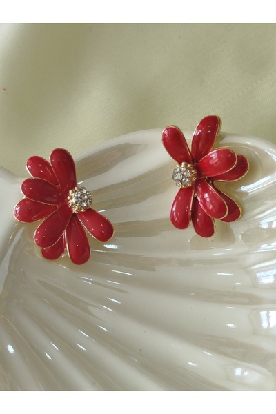 İPAR AKSESUAR Mineli Half Daisy Metal Gold Red Earring