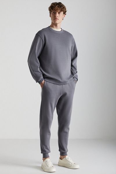 GRIMELANGE Adens Herren-Jogginghose aus regulärer Bio-Baumwolle, Premium-Stoff, Raster, elastisches Bein, Grau