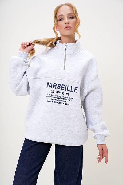 Trend Alaçatı Stili Grimelange Sweatshirt for Women - Half Turtleneck, Zip-Up, Lettering Print, 3 Thread Raster Alc-X13220