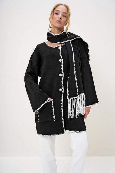 Trend Alaçatı Stili Black Oversize Cardigan and Scarf Set with Double Pockets and Shepherd's Stitching - Alc-X13221