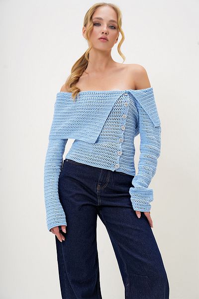 Trend Alaçatı Stili Blue Madonna Collar Openwork Knitwear Sweater - Button Detail, Winter Alc-X13219