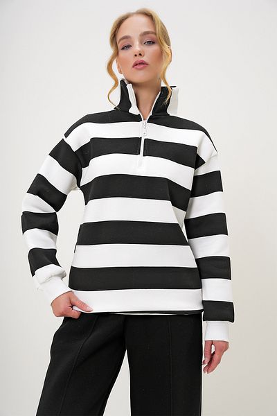 Trend Alaçatı Stili Schwarzes Rollkragenpullover mit Reißverschluss und Streifen für Damen – ALC-X13239