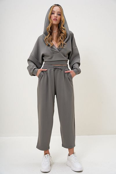 Trend Alaçatı Stili Khaki Double Breasted Collar Loose Fit Modal Suit - Hooded Alc-X13268