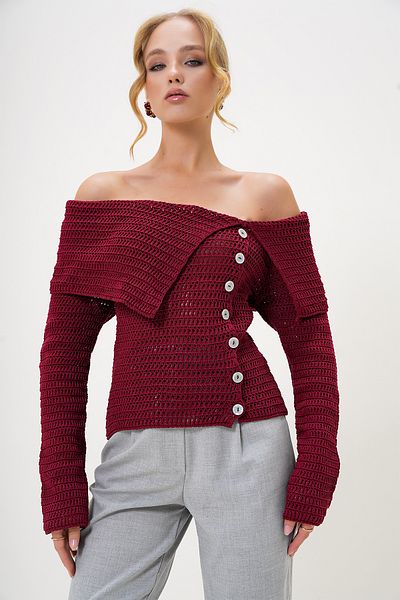 Trend Alaçatı Stili Claret Red Madonna Collar Knitwear Sweater - Button Detail, Openwork Winter Model Alc-X13219