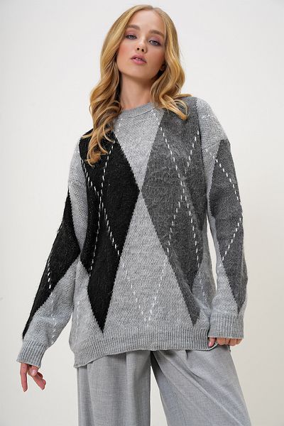 Trend Alaçatı Stili Gray Diamond Pattern Oversize Knitwear Sweater - Crew Neck Winter Alc-X13213