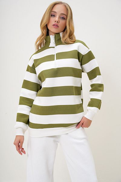 Trend Alaçatı Stili Damen-Winter-Sweatshirt mit Rollkragenpullover in Ölgrün, gestreift, drei Fäden, gerippt, ALC-X13239