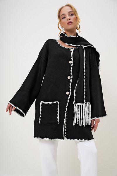 Trend Alaçatı Stili Black Oversize Cardigan and Scarf Set with Double Pockets and Shepherd's Stitching - Alc-X13221