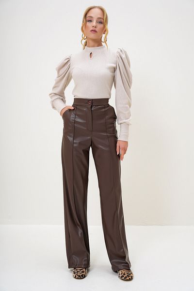 Trend Alaçatı Stili Women's Brown Front Stitching Double Pocket Faux Leather Palazzo Pants Alc-X9371