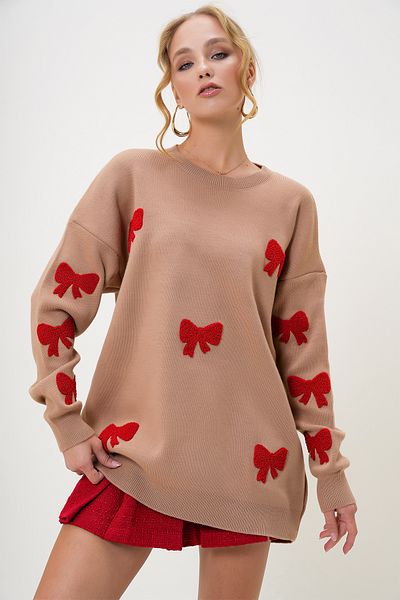Trend Alaçatı Stili Pulover de damă cu cafea cu lapte - decolteu, broderie cu fundă, iarnă ALC-X13232
