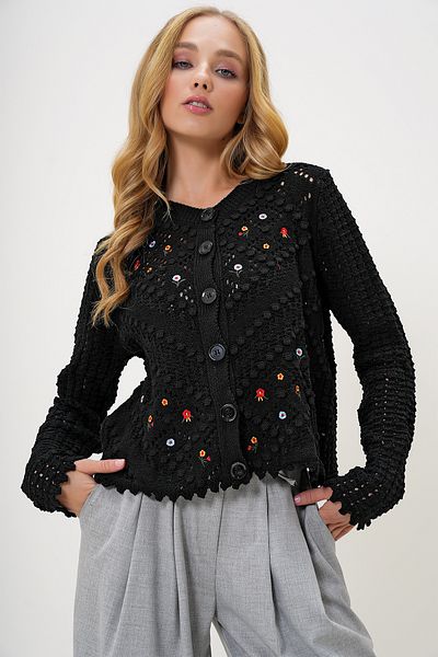Trend Alaçatı Stili Cardigan de tricotaj nostalgic brodat cu gât negru pentru femei ALC-X9897