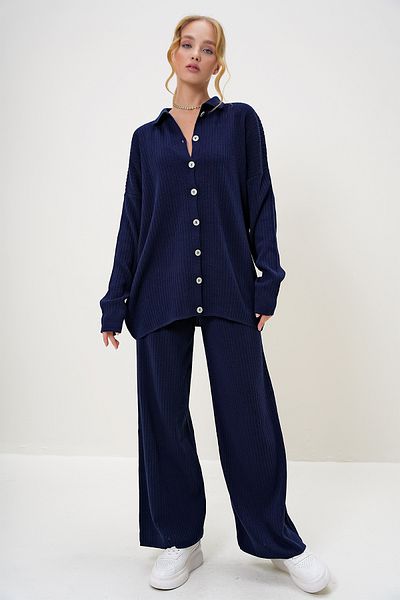Trend Alaçatı Stili Women's Navy Blue Buttoned Self-Textured Knitwear Suit Alc-X9364