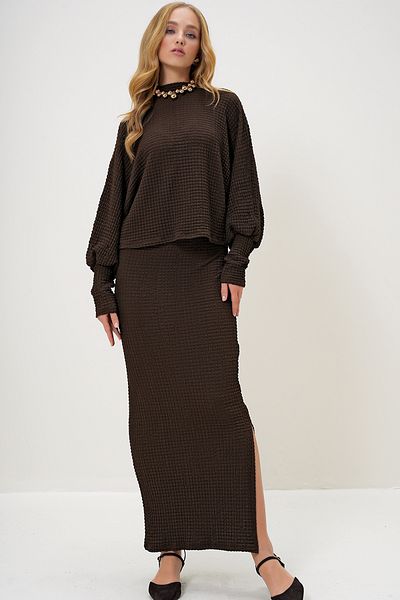 Trend Alaçatı Stili Brown Seersucker Blouse and Slit Skirt Set - Stand Collar Alc-X13261
