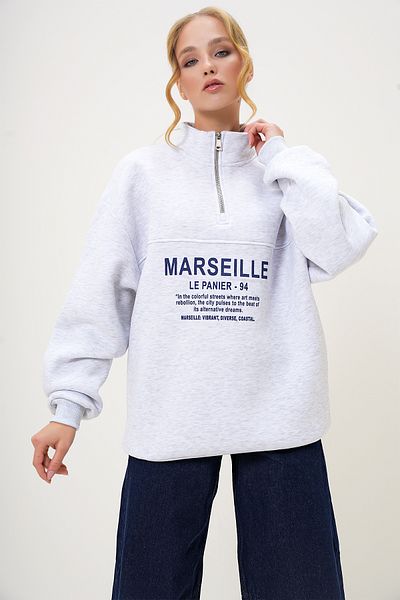 Trend Alaçatı Stili Grimelange Sweatshirt for Women - Half Turtleneck, Zip-Up, Lettering Print, 3 Thread Raster Alc-X13220