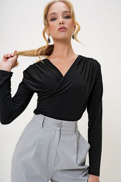 Trend Alaçatı Stili Women's Black Double Breasted Collar Draped Sandy Blouse Alc-X13227