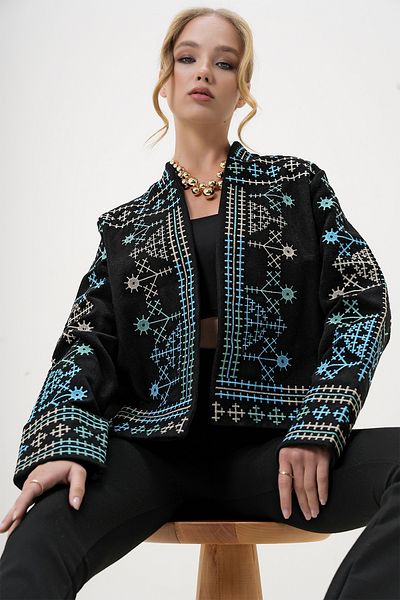 Trend Alaçatı Stili Schwarze Damenjacke mit Schalkragen und Stickerei, bestickt, ALC-X13205