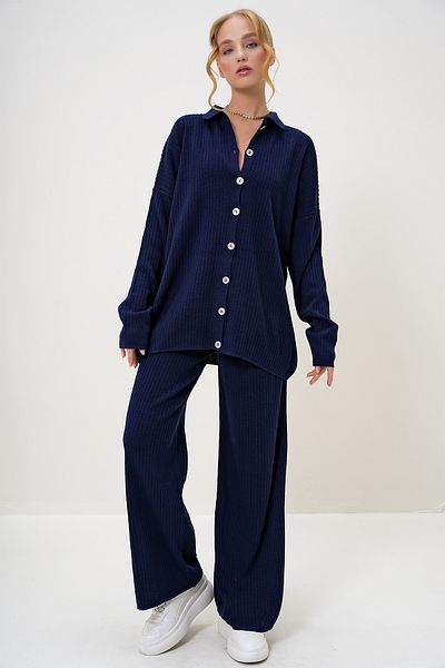 Trend Alaçatı Stili Women's Navy Blue Buttoned Self-Textured Knitwear Suit Alc-X9364