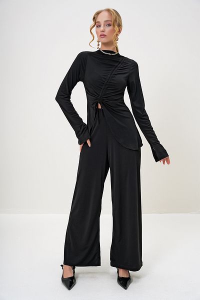 Trend Alaçatı Stili Black Asymmetrical Cutout Drawstring Women's Pants and Blouses Set Alc-X13187