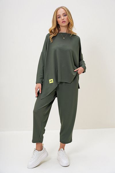 Trend Alaçatı Stili Khaki Color Oversize Sweatshirt and Pants Set - Crew Neck Alc-X13270