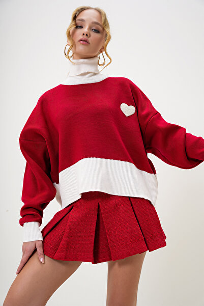 Trend Alaçatı Stili Women's Red Turtleneck Color-Blocking Hearted Crop Winter Knitwear Sweater Alc-X13231