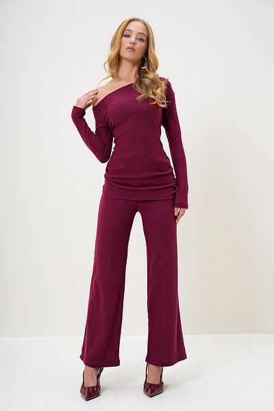 Trend Alaçatı Stili Women's Burgundy Boat Neck Side Draped Interlock Fabric Blouse and Trousers Set Alc-X13076