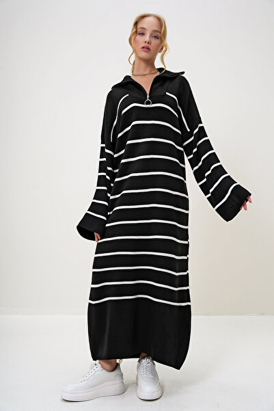 Trend Alaçatı Stili Kadın Siyah Balıkçı Yaka Yarım Fermuarlı Oversize Maxi Boy Elbise ALC-X12993