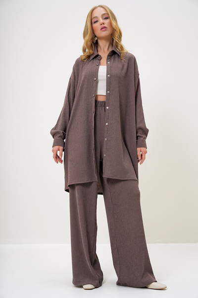 Trend Alaçatı Stili Női barna inggalléros elülső gombos ing és nadrág szett ALC-X13122