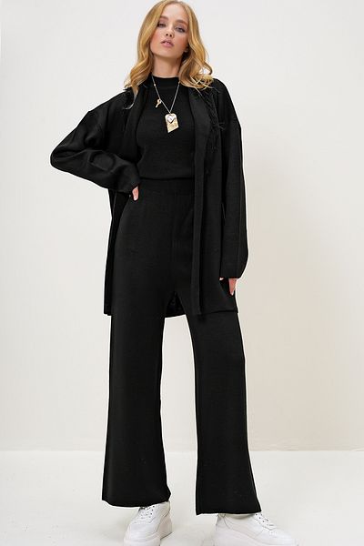 Trend Alaçatı Stili Black Tassel Detailed Shawl Neck Blouse and Palazzo Pants Set - Alc-X13157