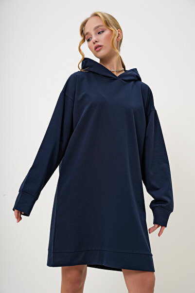 Trend Alaçatı Stili Kadın Lacivert Kapüşonlu Sweatshirt Elbise ALC-018-109-TE