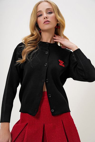 Trend Alaçatı Stili Tricoturi brodate cu inimă, negru, pentru femei, cardigan ALC-X13152