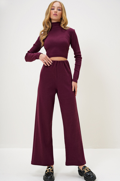 Trend Alaçatı Stili Női bordó állógallér Camisole Crop blúz és nadrág szett ALC-X13058