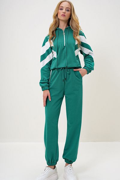 Trend Alaçatı Stili Grünes Damen-Trainingsanzug-Set mit Kapuze – Sweatshirt und elastisches Bein ALC-X13092