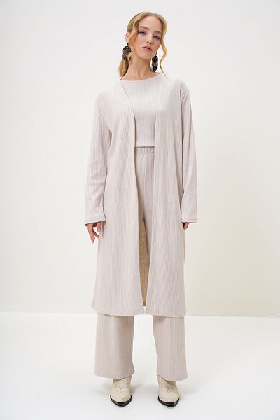 Trend Alaçatı Stili Damen-Set mit Steinschulterpolsterung, Bluse, Hose und Strickjacke mit Rundhalsausschnitt ALC-X4710-RV