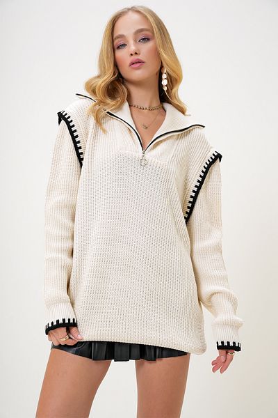 Trend Alaçatı Stili Women's Vanilla Colored Knitwear Sweater - Turtleneck, Zipper Detail, Shepherd's Stitching Alc-X13175