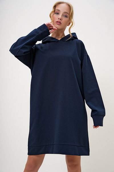 Trend Alaçatı Stili Women's Navy Blue Hooded Sweatshirt Dress Alc-018-109-Te