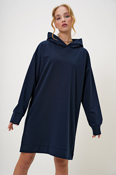 Trend Alaçatı Stili Kadın Lacivert Kapüşonlu Sweatshirt Elbise ALC-018-109-TE