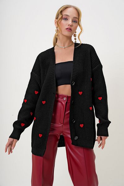 Trend Alaçatı Stili Women's Black V-Neck Heart Embroidered Midi Length Knitwear Cardigan Alc-X12983