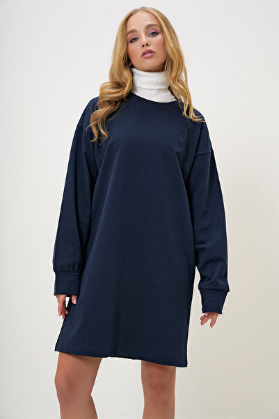 Trend Alaçatı Stili Sötétkék nyakú pulóver ruha - ALC-X13137