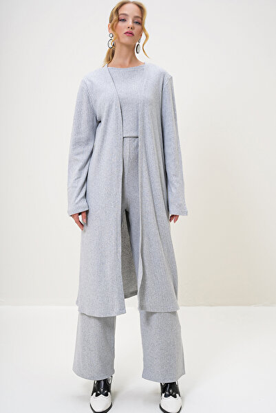 Trend Alaçatı Stili Kadın Grimelanj Omzu Vatkalı Bisiklet Yaka Bluz Pantolon Ve Hırkalı Set Takım ALC-X4710-RV