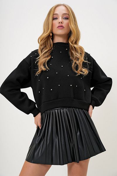 Trend Alaçatı Stili Damen-Sweatshirt mit schwarzem Perlenfeuerzeug – Rundhalsausschnitt, drei Fäden ALC-X13177
