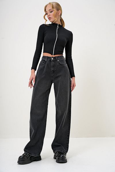 Trend Alaçatı Stili Női fekete, magas derekú Palazzo Cut Jean nadrág ALC-X13172