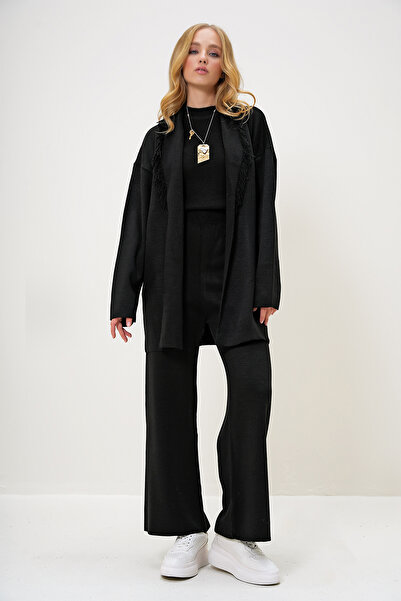 Trend Alaçatı Stili Fekete bojt részletes kendős galléros blúz és Palazzo nadrág szett - ALC-X13157