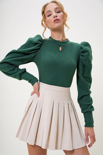 Trend Alaçatı Stili Women's Green Crew Neck Low-Cut Princess Sleeve Knitwear Blouse Alc-X13069