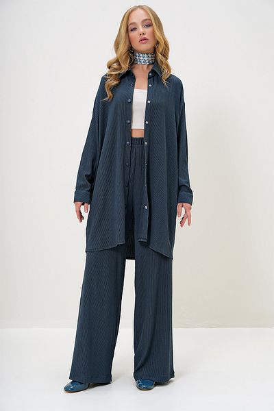 Trend Alaçatı Stili Damen-Set aus Petrol-Hemd, Revers, Knopfleiste vorne, Hemd und Hose ALC-X13122
